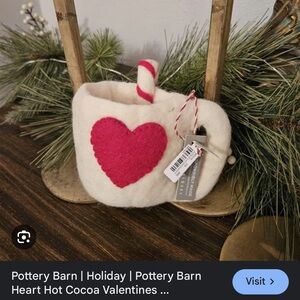 GIFT FOR LEANNE Pottery Barn Felt Heart Hot Cocoa Mug with Candy Cane